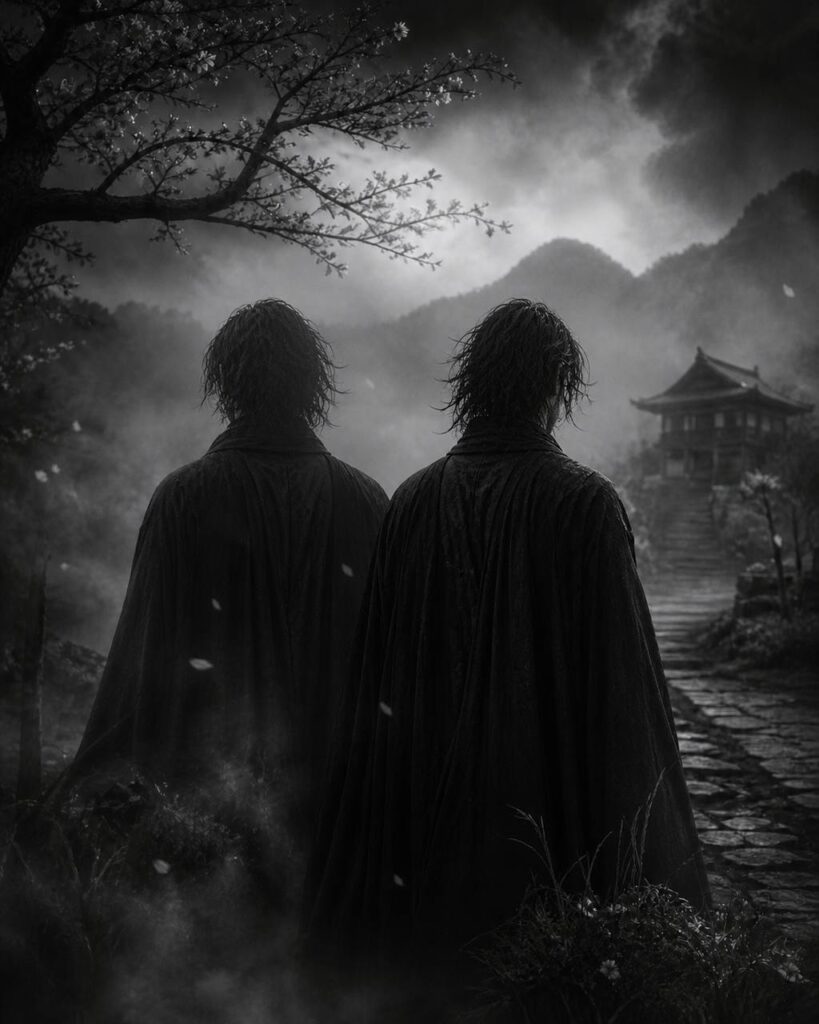 Two mysterious brothers, Issa and Isukiri, standing before a misty Japanese mountain village in the world of Vitez.