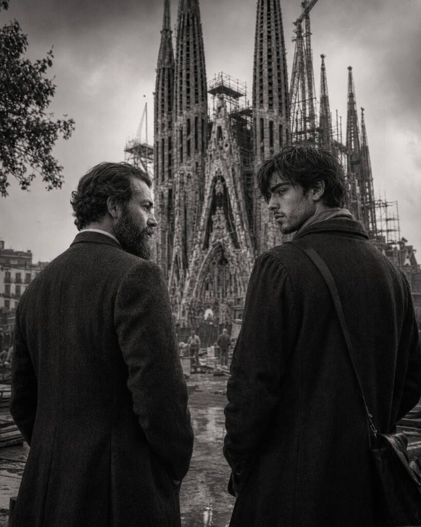 Black and white cinematic image of Elian and Antoni Gaudí standing before the unfinished Sagrada Família under construction, from the world of the novel VITEZ.