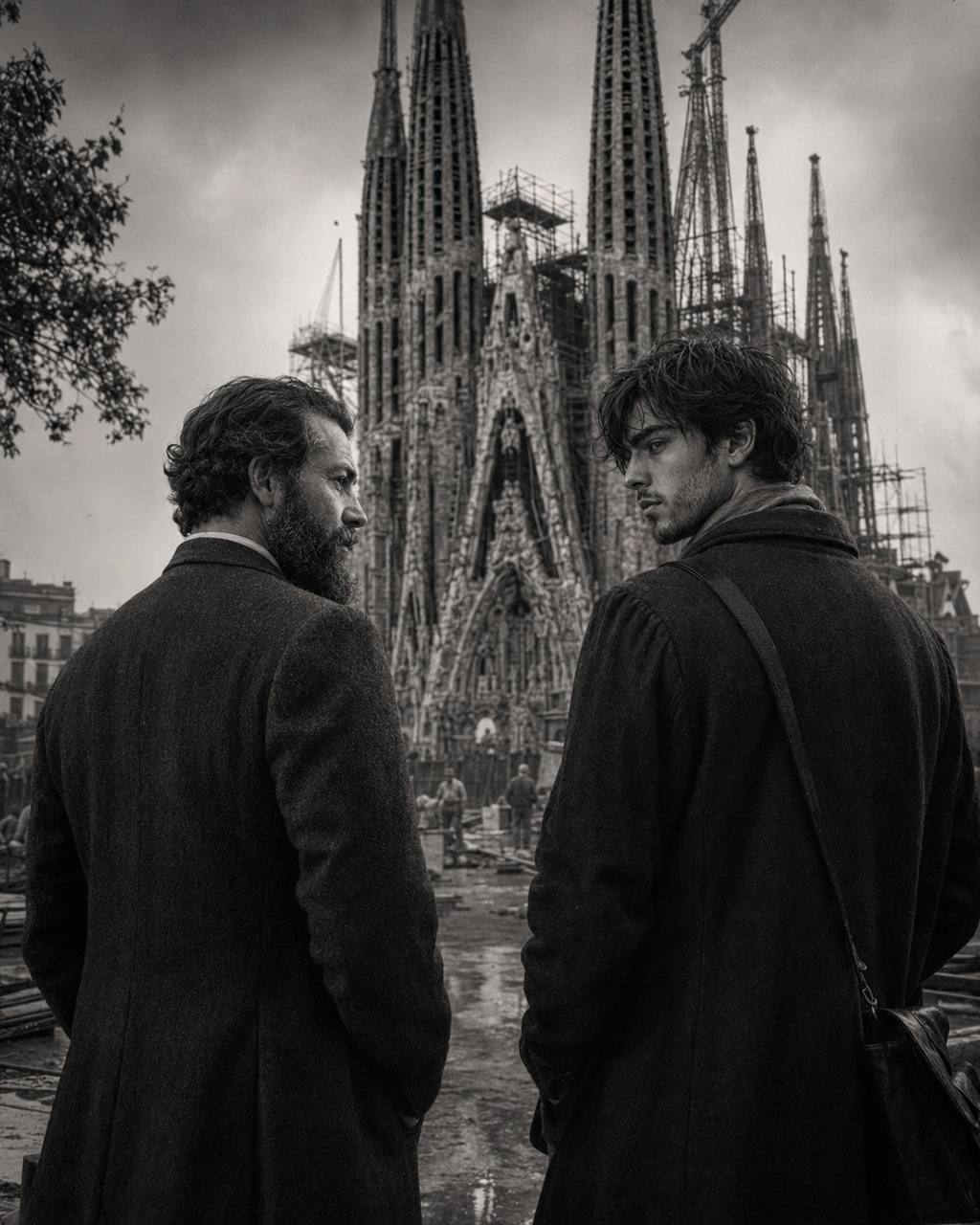 Black and white cinematic image of Elian and Antoni Gaudí standing before the unfinished Sagrada Família under construction, from the world of the novel VITEZ.