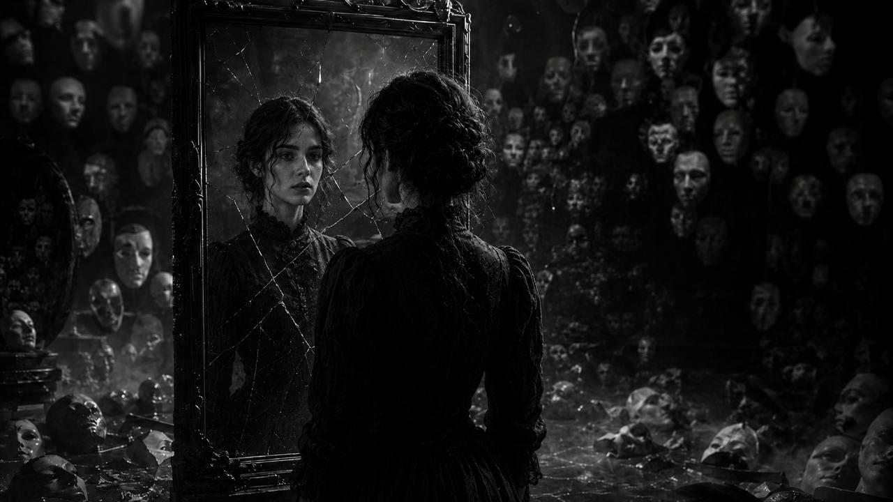 Black and white cinematic image of a woman facing a cracked mirror, surrounded by countless masks, symbolizing inner conflict and the enemy within.