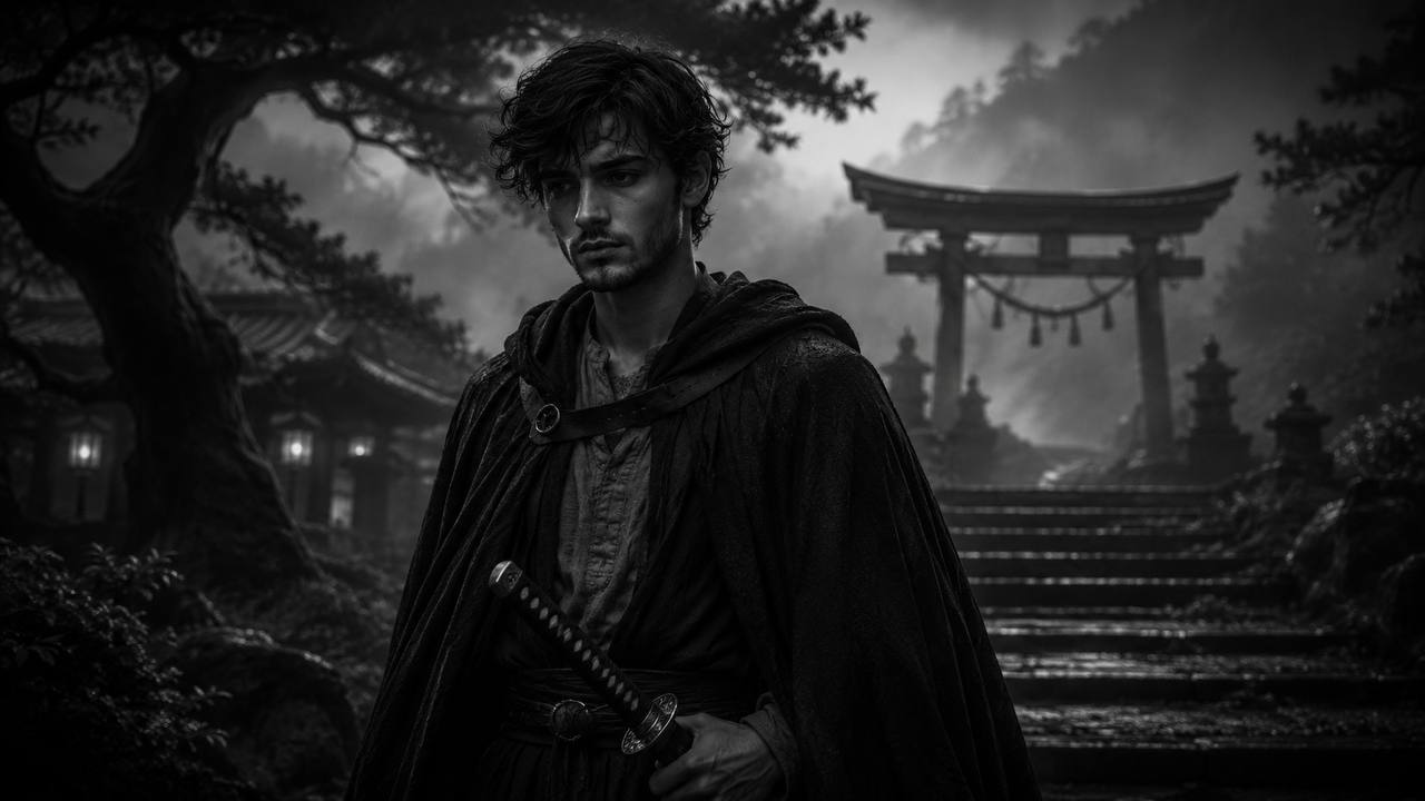 Black and white image of Elian holding the Sword of Dark Times in a misty Japanese temple setting, from the world of the novel VITEZ